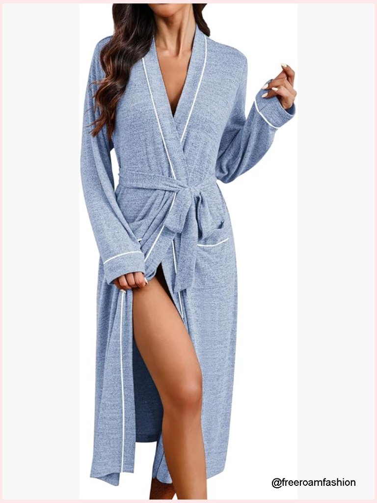 Lightweight Soft Knit Kimono Robe With Pockets Casual Sleepwear
